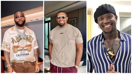 Davido, Don Jazzy, and VeryDarkMan pose in separate photos — Davido wearing a designer shirt and chains, Don Jazzy smiling in a casual t-shirt and sunglasses, and VeryDarkMan in a striped shirt with a black beret and necklace.
