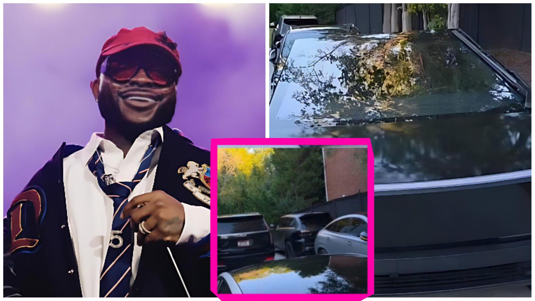 Davido smiles on stage in a stylish outfit, with a collage beside him showing luxury cars, including black and silver vehicles parked outside a mansion surrounded by trees.
