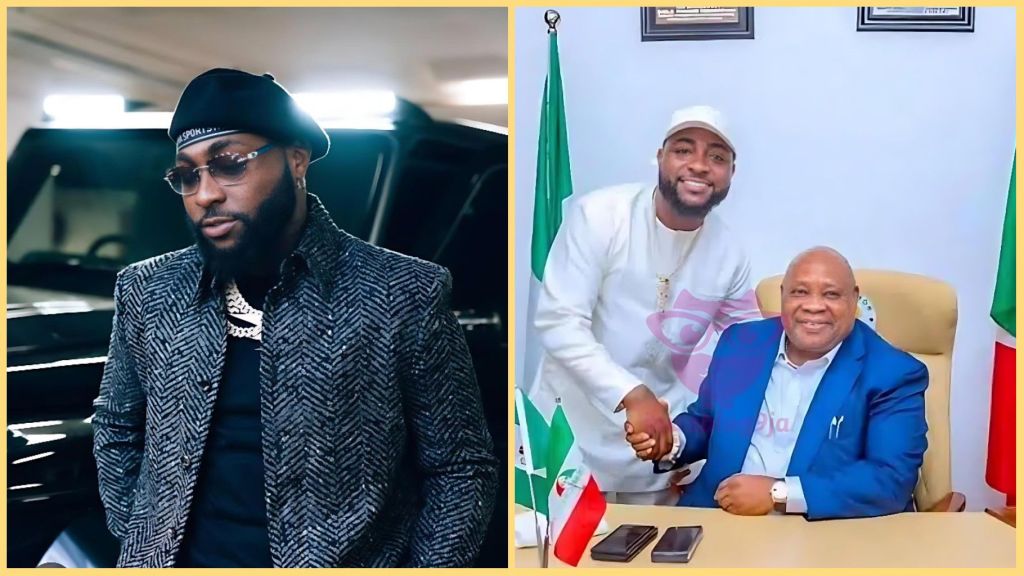 Davido (David Adeleke) poses beside a luxury car in one frame and meets Osun State Governor Ademola Adeleke in another, shaking hands during his appointment as Chairman of the Osun Sports Trust Fund.