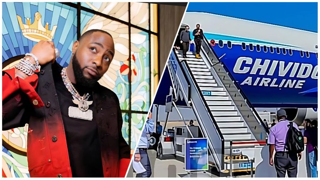 Split image showing Nigerian singer Davido posing indoors in a red-and-black jacket beside a scene of people boarding a blue aircraft branded “CHIVIDO AIRLINE.”
