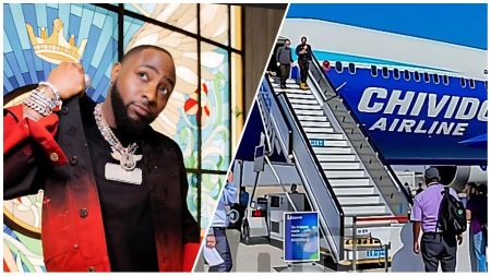 Split image showing Nigerian singer Davido posing indoors in a red-and-black jacket beside a scene of people boarding a blue aircraft branded “CHIVIDO AIRLINE.”