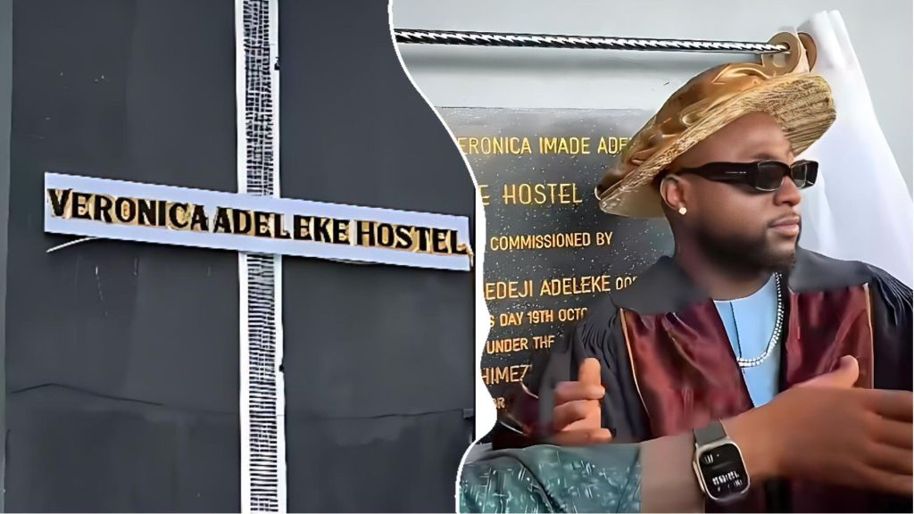 Davido stands beside a dedication plaque as he unveils the newly completed Veronica Adeleke female hostel at Clifford University during the school’s convocation ceremony.