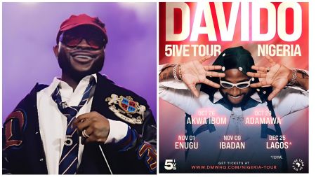 Side-by-side collage. Left: Davido performs in a red cap and sunglasses, wearing a navy varsity jacket with crest and a loosened striped tie under purple stage light. Right: “Davido 5IVE Tour Nigeria” poster with Davido in white sunglasses and headscarf, hands raised, listing dates—Oct 26 Akwa Ibom; Oct 29 Adamawa; Nov 01 Enugu; Nov 09 Ibadan; Dec 25 Lagos (festival)—and ticket link dmwhq.com/nigeria-tour.