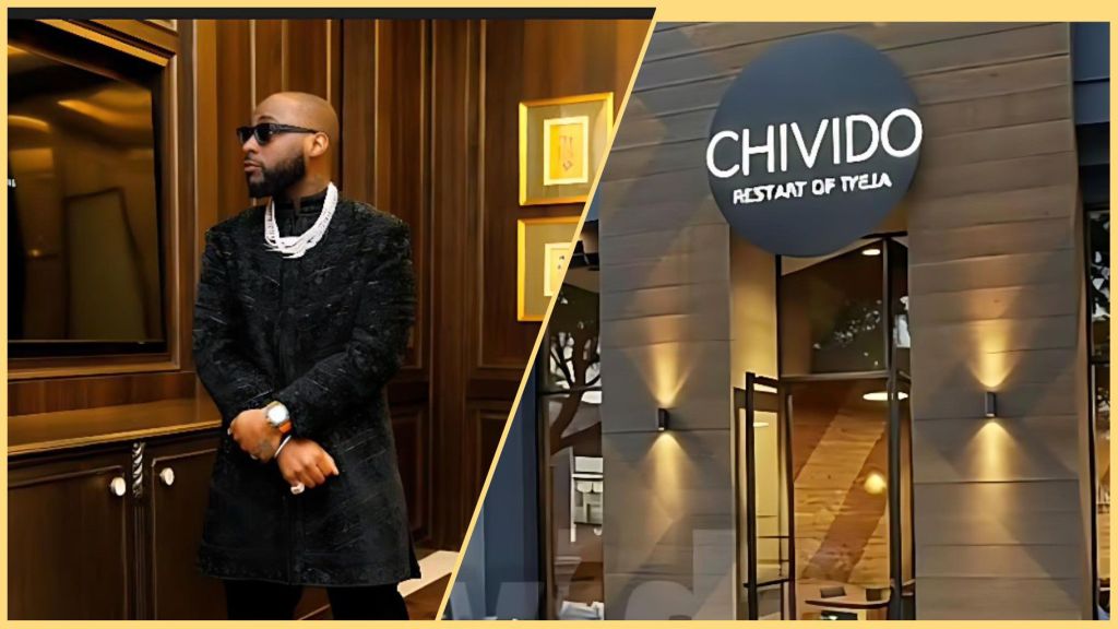 Davido poses in a dark designer outfit beside an exterior view of a modern restaurant with the sign “CHIVIDO Restaurant of Iyela,” suggesting a possible connection to his new Atlanta dining venture.