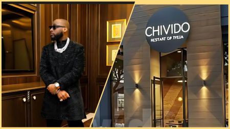 Davido poses in a dark designer outfit beside an exterior view of a modern restaurant with the sign “CHIVIDO Restaurant of Iyela,” suggesting a possible connection to his new Atlanta dining venture.