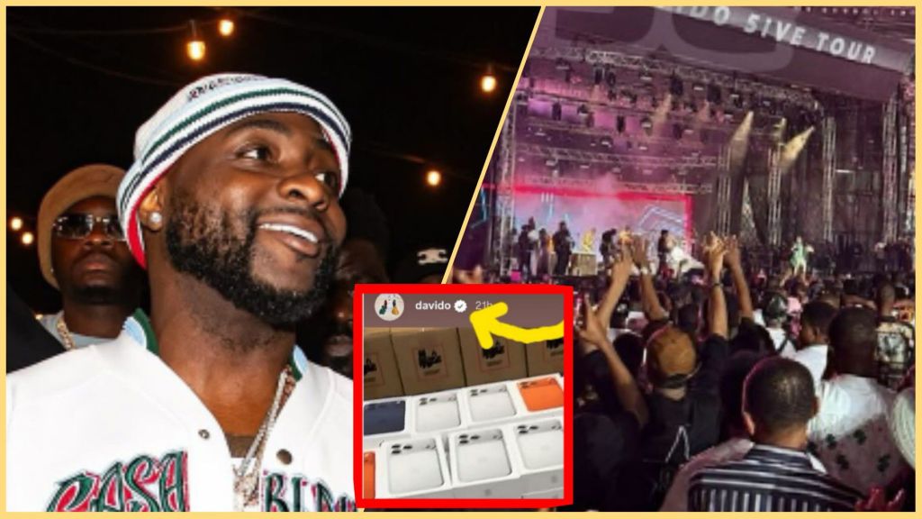 Davido beams in a casual white outfit beside fans at an outdoor event, with an inset image showing boxes of brand-new iPhone 17 Pro Max units reportedly prepared for giveaways during his 5ive Alive Tour in Enugu.