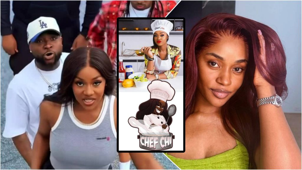 Davido and his wife Chioma Rowland appear in a collage featuring Davido standing behind Chioma, Chioma dressed as Chef Chi in a cooking setup, and another close-up photo of her with burgundy hair and a light green top.