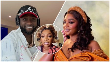 Collage showing Nigerian singer Davido, his sister Sharon Ademefun, and a middle inset of Sharon getting her makeup done. Davido smiles in a cap and headphones, while Sharon appears radiant in an orange gown with a jeweled headband.
