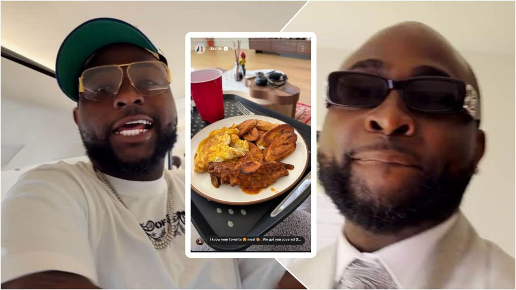 Davido pictured in two separate clips smiling in casual and formal outfits, with a centre image showing a plate of fried plantain, eggs, and sauce from his Instagram Story.