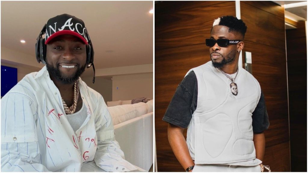Davido and DJ Ecool are pictured side by side. On the left, Davido smiles indoors wearing a red-and-black cap, white shirt, and chunky gold chain. On the right, DJ Ecool poses stylishly in sunglasses and a white padded vest, standing against a wooden wall background.