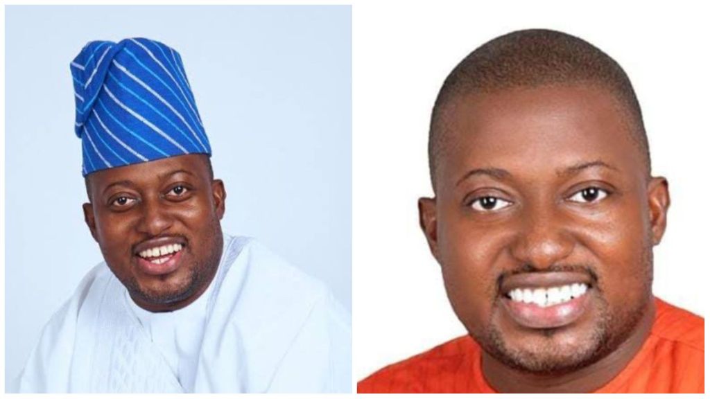 Side-by-side portraits of APC National Youth Leader Dayo Israel. On the left, he wears a white traditional agbada with a bright blue striped cap, smiling warmly. On the right, he is dressed in an orange outfit, smiling directly at the camera against a plain white background.