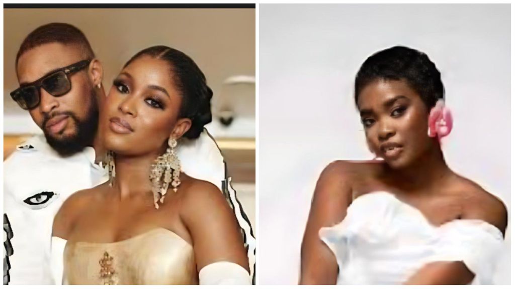 Side-by-side photo collage showing BBNaija housemate Dede and her boyfriend posing elegantly on the left, both dressed in coordinated white and gold outfits, while Dede appears alone on the right in an off-shoulder white outfit with a pink flower accessory