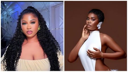 BBNaija Season 10 housemates Imisi and Dede pose stylishly in separate portraits — Imisi wears a cream off-shoulder gown with long curly hair, while Dede strikes a confident pose in a white halter-neck outfit against a brown backdrop.