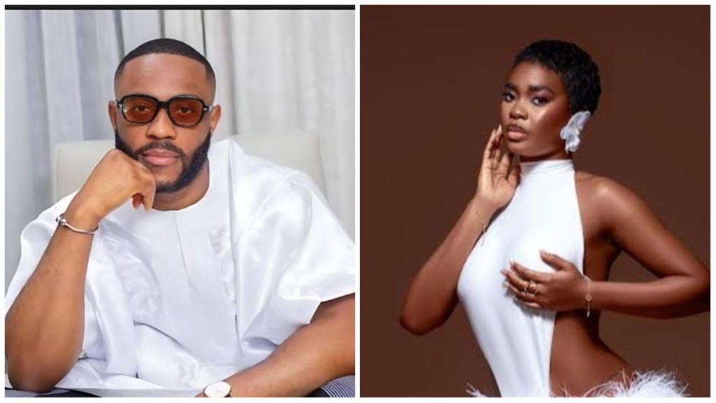 BBNaija housemates Dede and Kola pose stylishly in separate portraits — Dede wears a sleeveless white outfit with feather details and a flower accessory on her ear, while Kola appears in a white traditional attire and tinted glasses.