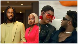 BBNaija Season 10 housemates Koyin and Dede pictured together — one photo shows them elegantly dressed in coordinated pastel and red outfits, while another captures their close conversation moment from the reality show.