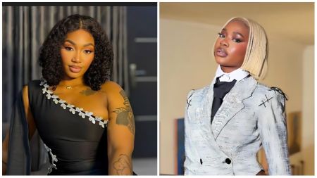 A collage featuring BBNaija Season 10 housemates Dede and Sultana. On the left, Dede poses in a one-shoulder black dress decorated with white floral lace along the neckline and sleeve, showing her arm tattoos. On the right, Sultana stands confidently in a structured grey suit with black detailing, a white shirt, and black tie, styled with a short blonde bob.