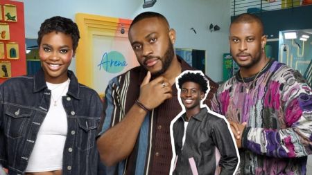 BBNaija Season 10 housemates Dede, Kola, Koyin, and Jason pose together against a beige backdrop with hanging lanterns. Dede wears a denim jacket over a white top, Kola sports a brown striped shirt, Koyin appears in a patterned sweater, and Jason is shown smiling in a cutout frame.