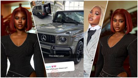 Collage featuring BBNaija star Dede and her dream car — a grey Mercedes-Benz G-Wagon. The central image shows the SUV in a showroom with Dede’s Snapchat caption “This exact color,” while side frames highlight Dede posing in stylish outfits with red and blonde hair.