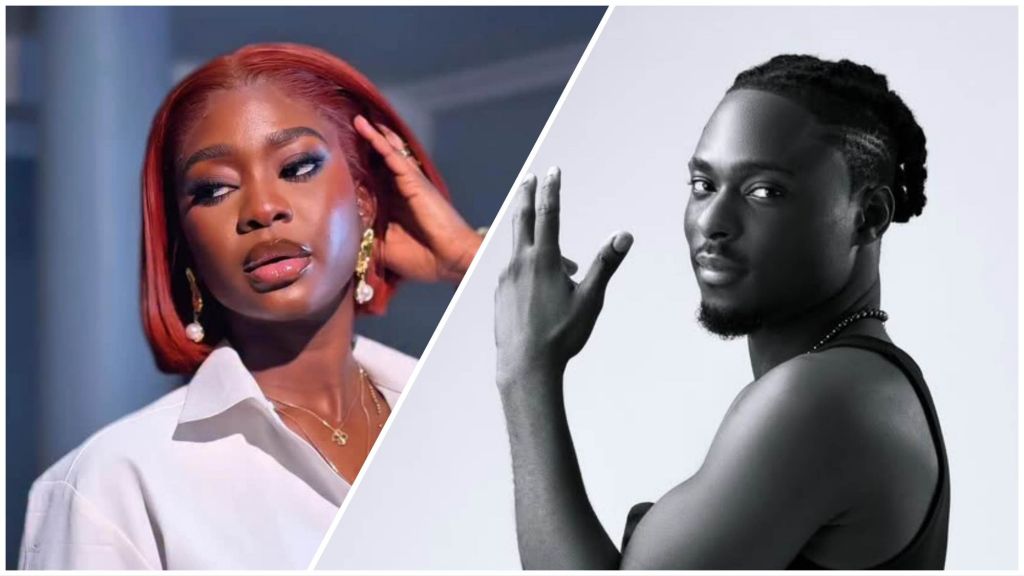 Split image showing BBNaija 10 stars Dede and Faith. On the left, Dede poses in a white shirt with short red hair and pearl earrings, striking a confident look. On the right, Faith faces the camera in a sleeveless top, his hair in short twists, giving a calm expression.