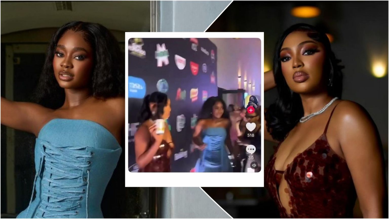 BBNaija housemates Dede and Mide captured in a viral event moment; Dede wears a strapless blue corset dress while Mide poses in a brown sequin gown, both pictured around the red carpet clip that sparked social media debate.