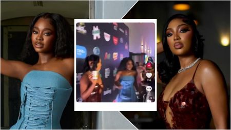 BBNaija housemates Dede and Mide captured in a viral event moment; Dede wears a strapless blue corset dress while Mide poses in a brown sequin gown, both pictured around the red carpet clip that sparked social media debate.