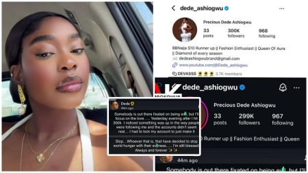 A collage showing BBNaija Season 10 runner-up Dede Ashiogwu’s Instagram account fluctuating between 300k and 299k followers. The image includes a selfie of Dede in a car wearing gold earrings, her Instagram profile screenshots, and her response denying follower-buying rumours after the sudden drop.