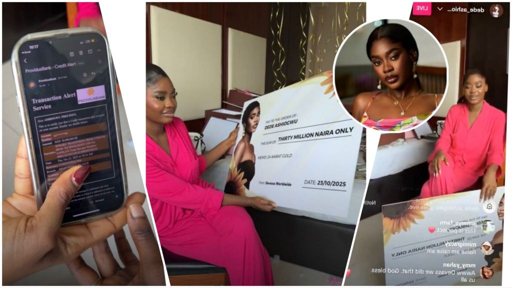 BBNaija star Dede Ashiogwu holds a giant cheque showing her ₦30 million birthday gift from fans while displaying her bank alert during an Instagram Live session.