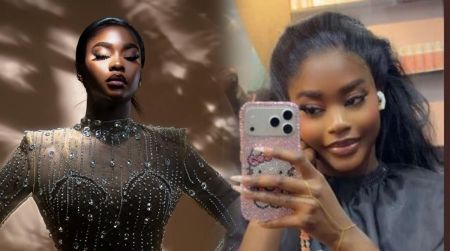 Side-by-side images of BBNaija Dede — one showing her in a glamorous beaded outfit posing under dramatic light, and the other showing her smiling in a mirror selfie wearing a black salon cape and pink phone case.