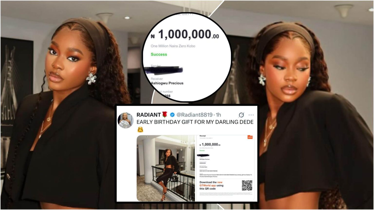Collage showing BBNaija star Dede (Precious Ashiogwu) dressed in black with wavy hair, alongside a screenshot of a ₦1,000,000 GTBank transfer receipt and a tweet from a verified user, Radiant, captioned “Early birthday gift for my darling Dede.”