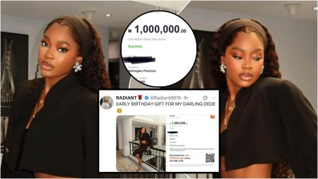 Collage showing BBNaija star Dede (Precious Ashiogwu) dressed in black with wavy hair, alongside a screenshot of a ₦1,000,000 GTBank transfer receipt and a tweet from a verified user, Radiant, captioned “Early birthday gift for my darling Dede.”