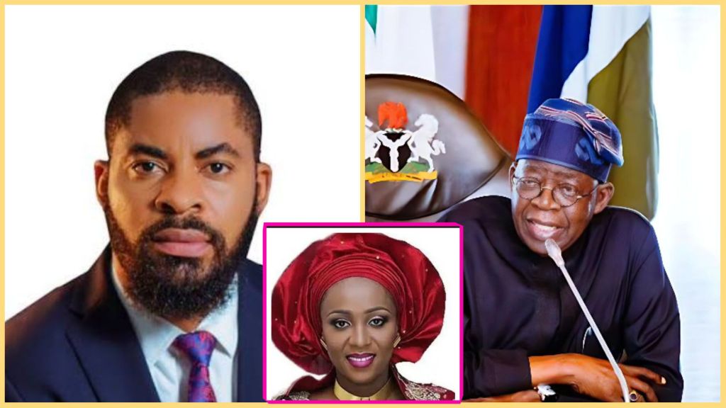 A photo collage showing Nigerian activist Deji Adeyanju on the left, President Bola Ahmed Tinubu on the right, and Maryam Sanda in the centre inset wearing a red gele. The image visually represents Adeyanju’s criticism of Tinubu’s alleged inclusion of Sanda in a presidential pardon list.
