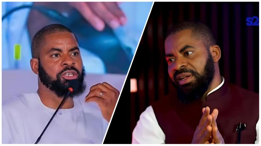 Side-by-side images showing Nigerian lawyer and activist Deji Adeyanju speaking into a microphone on the left, and gesturing during a conversation on the right