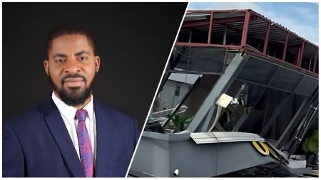 Split image showing Nigerian activist Deji Adeyanju on the left in a suit and tie, and on the right the collapsed structure of a demolished luxury car showroom in Lagos reportedly linked to Ola of Lagos.