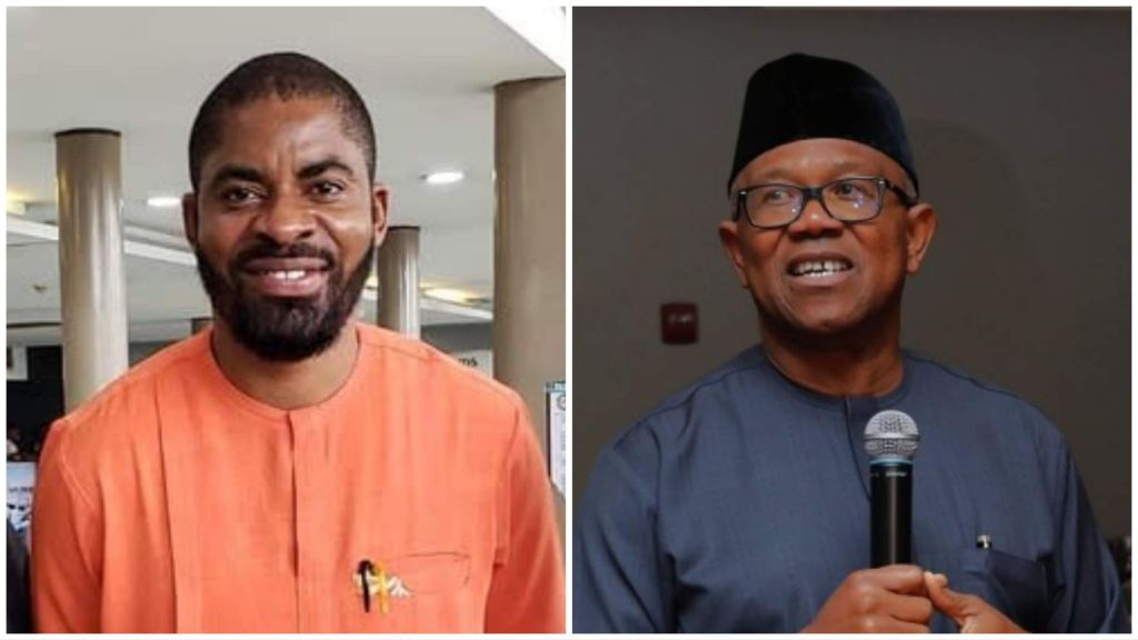 Side-by-side photo showing Nigerian activist and lawyer Deji Adeyanju in an orange outfit smiling indoors, and former Labour Party presidential candidate Peter Obi wearing a dark traditional attire and holding a microphone while speaking.