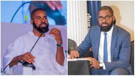 Deji Adeyanju speaks passionately at a public forum wearing a white agbada and holding a microphone, while another photo shows him seated at a table in a navy blue suit and tie, taking notes during a formal event.