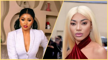 Side-by-side portraits of Regina Daniels and Dencia. Regina, wearing a white blazer with red lipstick and sleek black hair, poses indoors against a beige background. Dencia, in a red velvet halter dress with long blonde hair, looks directly at the camera at an event.