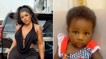 Side-by-side image showing Nigerian actress Destiny Etiko posing beside a black SUV in a sleeveless black outfit, and a baby girl wearing a red and white checkered dress who netizens say strongly resembles her.