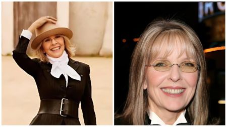 Late Oscar-winning actress Diane Keaton beams in two portraits — one showing her in a black suit with a wide belt and tan hat outdoors, and another capturing her smiling in glasses and a white shirt at an event.