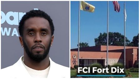 Sean “Diddy” Combs pictured in a white suit at an event, alongside a view of the Federal Correctional Institution (FCI) Fort Dix building in New Jersey, showing flagpoles and the facility sign.