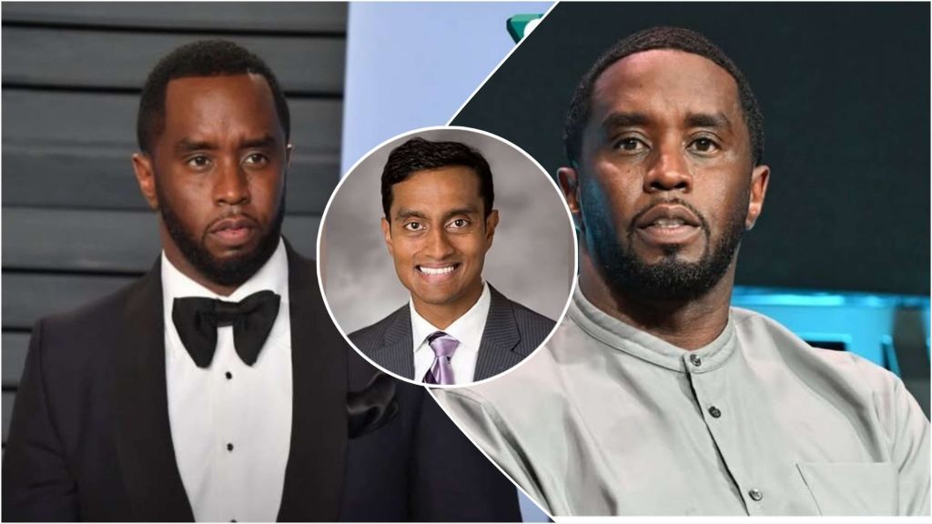 Collage image showing Sean “Diddy” Combs on the left in a tuxedo and on the right in a grey outfit, with an inset photo of Judge Arun Subramanian in the centre wearing a suit and tie.