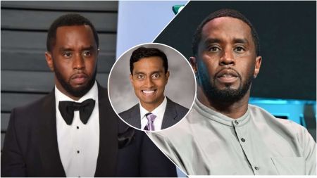 Collage image showing Sean “Diddy” Combs on the left in a tuxedo and on the right in a grey outfit, with an inset photo of Judge Arun Subramanian in the centre wearing a suit and tie.