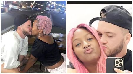 Side-by-side photos of DJ Cuppy and her ex-fiancé Ryan Taylor. In the first image, they share a kiss while sitting outdoors at night under string lights. In the second image, they pose for a mirror selfie with DJ Cuppy’s pink hair and Ryan wearing a black cap as he kisses her cheek.