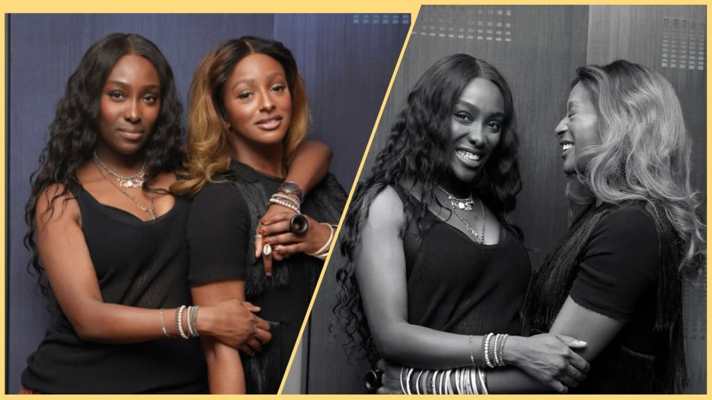 DJ Cuppy and her sister Tolani Otedola pose together in matching black outfits, smiling and embracing each other in two side-by-side photos.