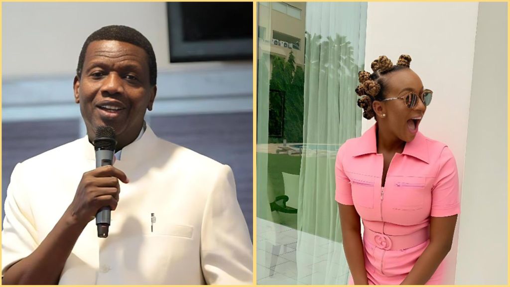 Side-by-side image showing Pastor Enoch Adeboye speaking into a microphone while wearing a white suit, and DJ Cuppy dressed in a pink outfit with bantu knots, sunglasses, and an excited expression, standing outdoors near glass curtains.