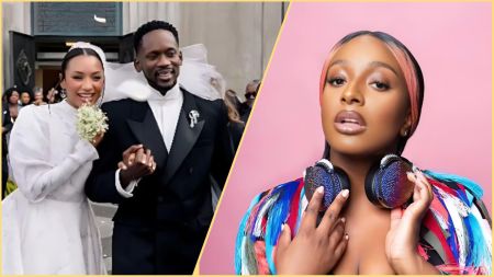 Temi Otedola and Mr Eazi smiling as they exit their wedding ceremony, paired beside a portrait of DJ Cuppy wearing colourful attire and holding her headphones.