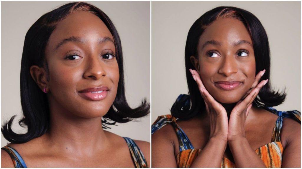 DJ Cuppy poses with a soft glam look, wearing a colourful patterned dress, minimal pink earrings, and sleek straight hair with a subtle highlight, smiling playfully in one frame and resting her face on her hands in another.