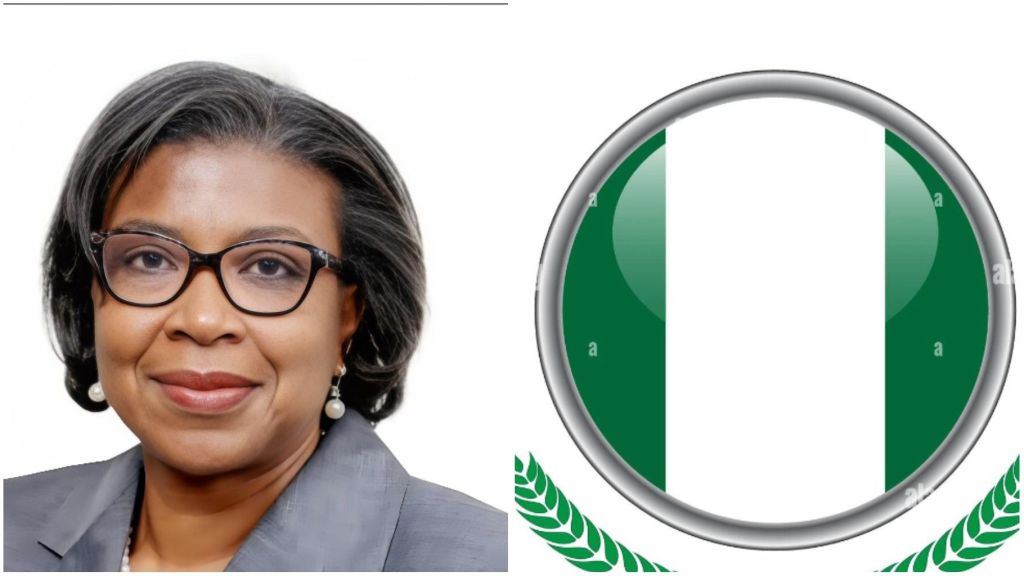 Director-General of Nigeria’s Debt Management Office (DMO) poses in a professional headshot wearing glasses and a grey suit, alongside an illustration of Nigeria’s national flag emblem inside a circular frame.