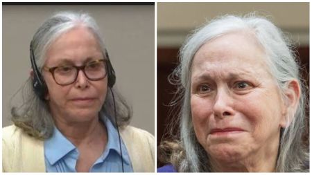 Side-by-side courtroom photos of 75-year-old Donna Adelson, showing her with grey hair and glasses in one frame wearing headphones, and appearing tearful in another after her sentencing in Florida for the 2014 murder-for-hire case involving her former son-in-law Daniel Markel.