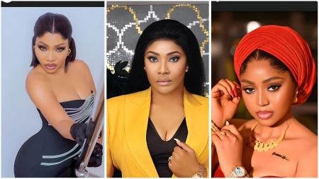 Side-by-side portraits of Nigerian actresses Angela Okorie, Doris Ogala, and Regina Daniels. Angela is seen in a black strapless dress posing confidently; Doris wears a yellow blazer over a black top with a composed look; Regina appears in a red turban and gold jewellery, gazing softly at the camera.