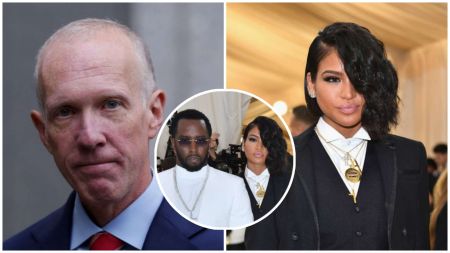Split image showing Cassie Ventura’s attorney Douglas Wigdor on the left, Cassie Ventura on the right dressed in a black suit with layered gold necklaces, and a circular inset in the middle featuring Sean “Diddy” Combs and Cassie together at an event.